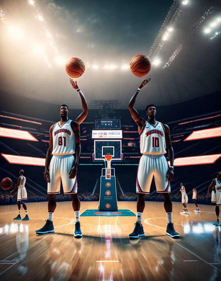 Basketball players with balls in arena, teammates practicing in background