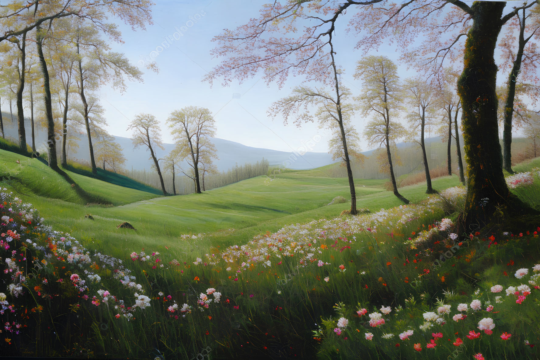 Tranquil landscape with blooming cherry trees and wildflowers