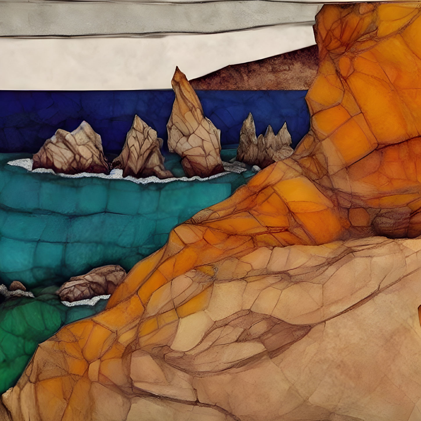 Colorful Stained Glass Coastal Landscape Illustration