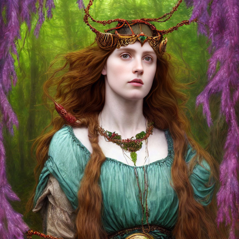 Red-haired woman in medieval green dress and gold headdress against forest backdrop