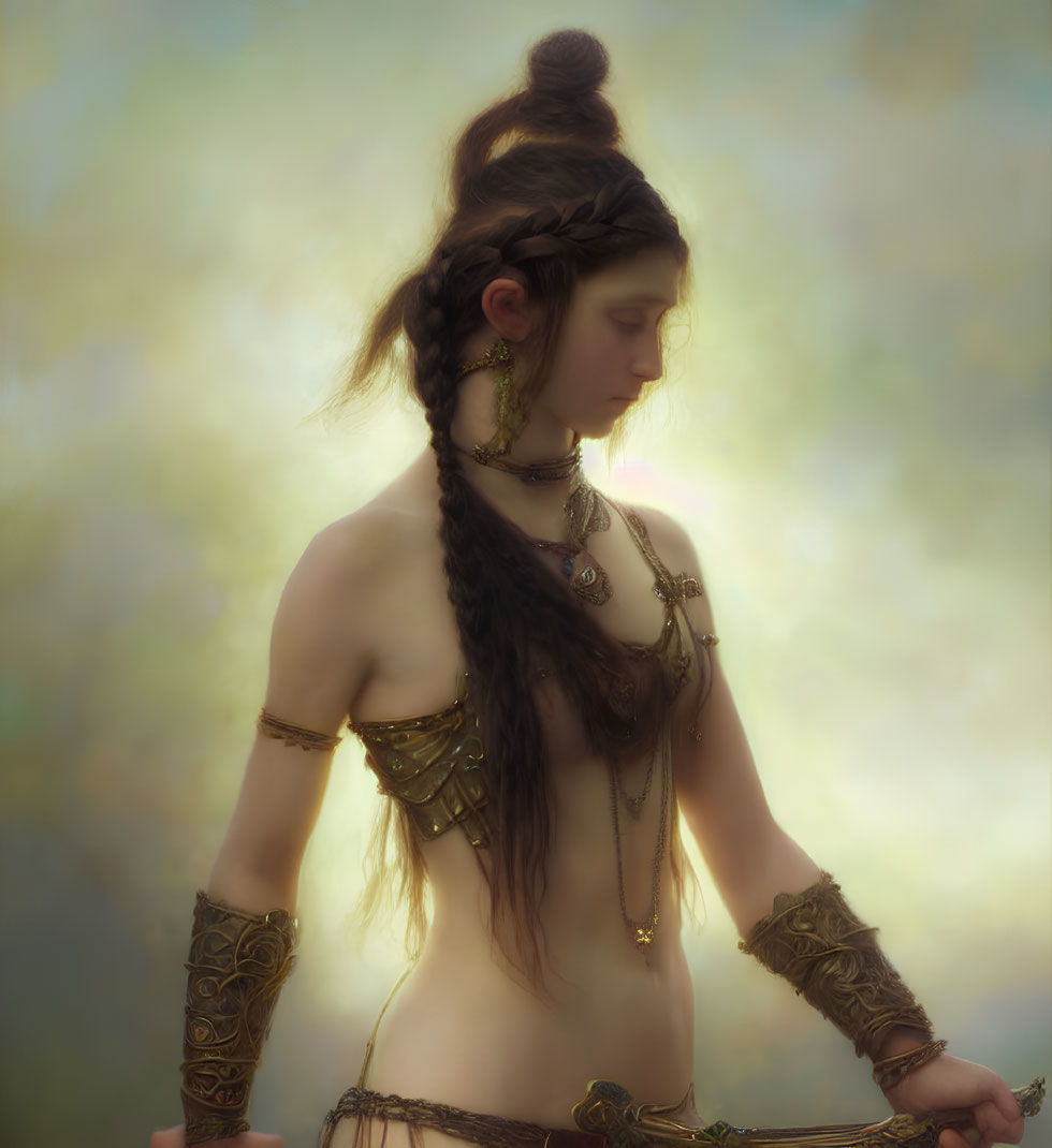 Woman in ornate tribal attire with braided hair in soft-focus fantasy setting