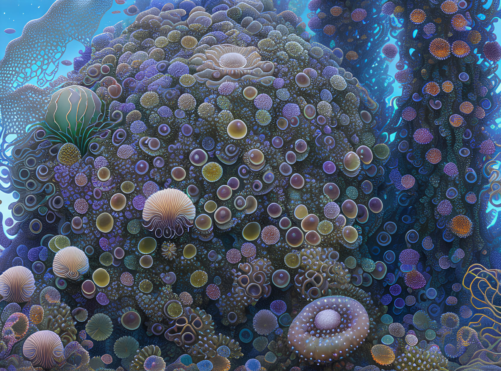 Colorful Underwater Digital Art with Coral-Like Structures and Bubble Elements