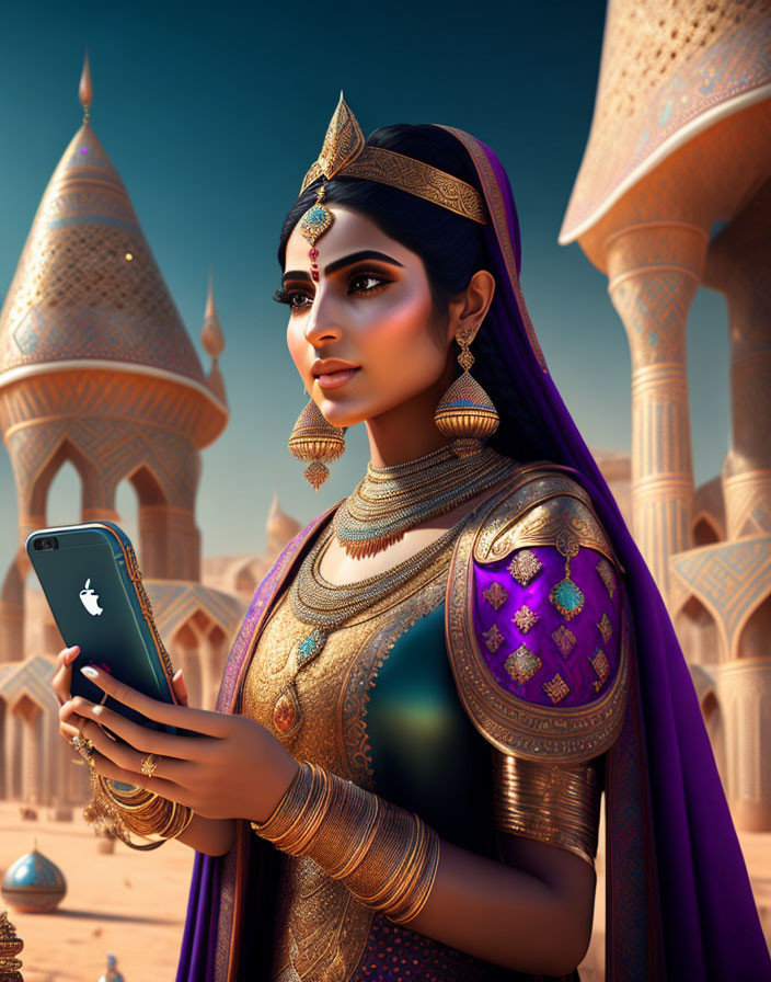 Traditional Indian Attire: Animated Woman with Smartphone in Ornate Palace Setting