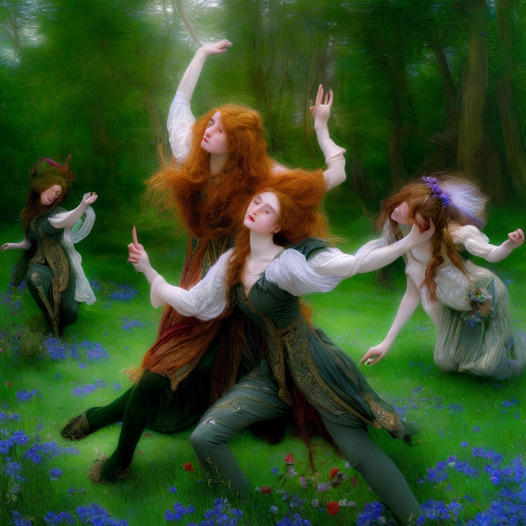 Women dancing in mystical forest with flowing hair and dresses.