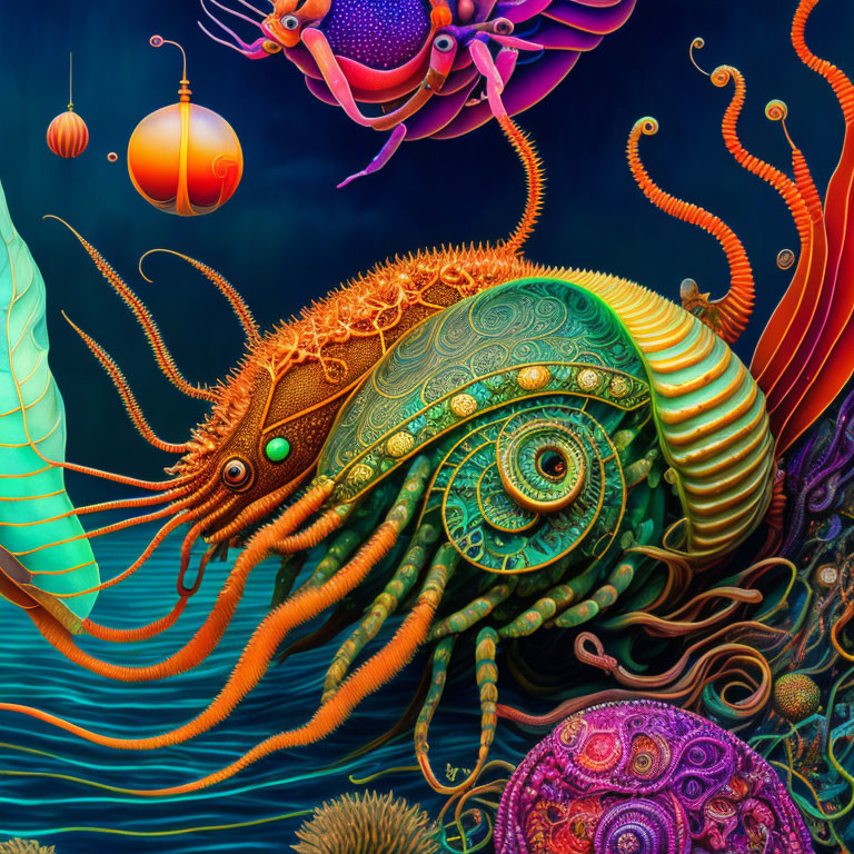 Colorful Sea Creature with Ornate Shell Patterns and Intricate Tentacles