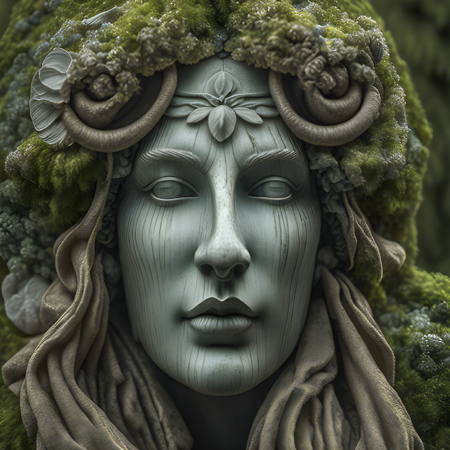 Serene face sculpture with moss and shells: nature-inspired deity depiction