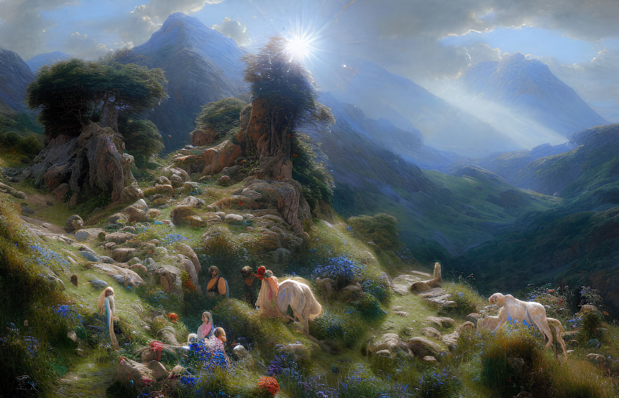 Serene sunrise mountain landscape with people, goats, lush greenery, and blooming flowers