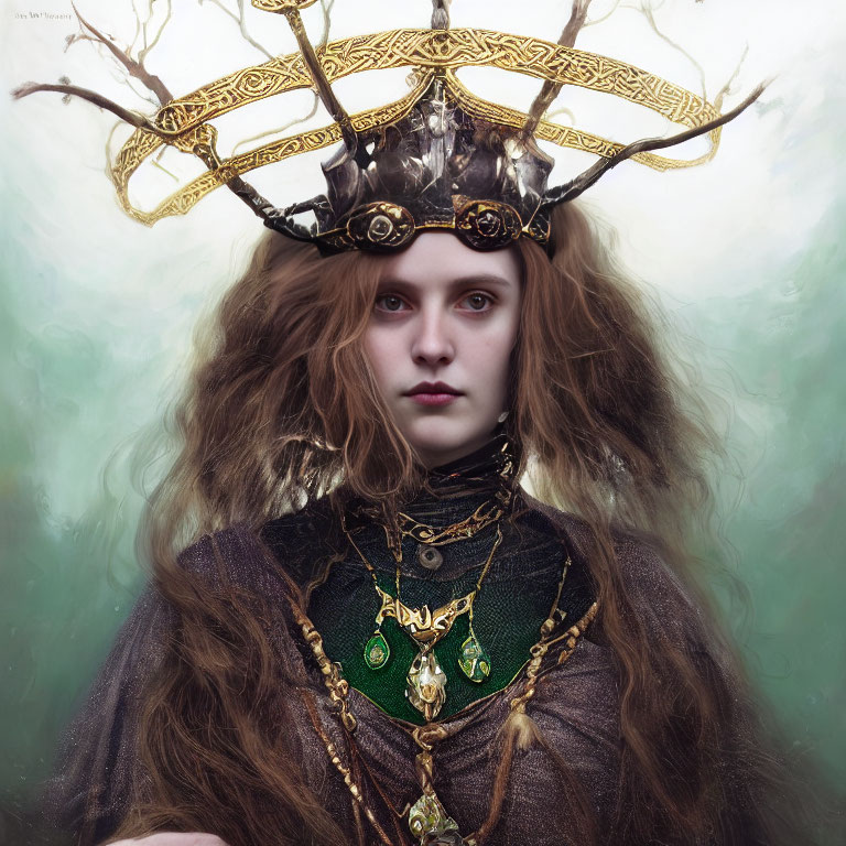 Young woman with intense gaze wearing dark crown and ornate jewelry on green background