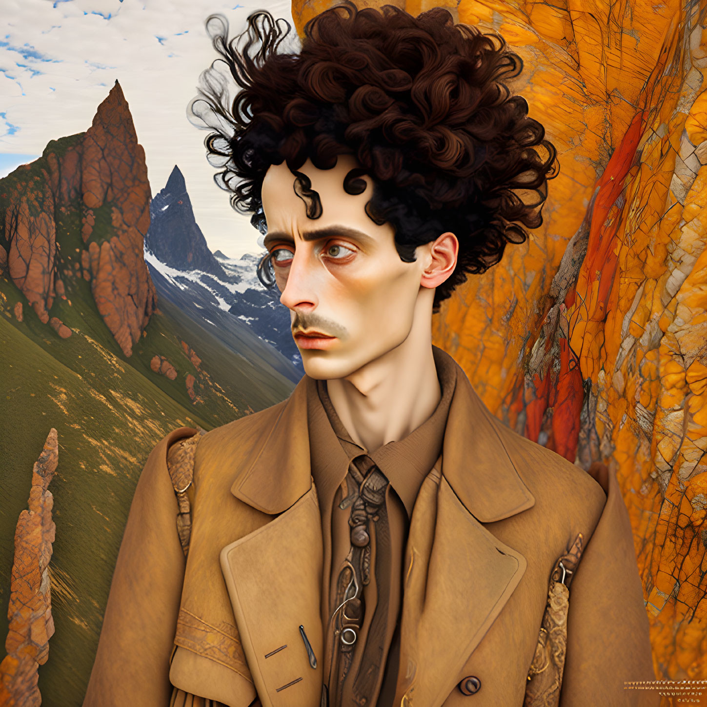 Curly Haired Man in Beige Suit Against Autumnal Mountainous Background