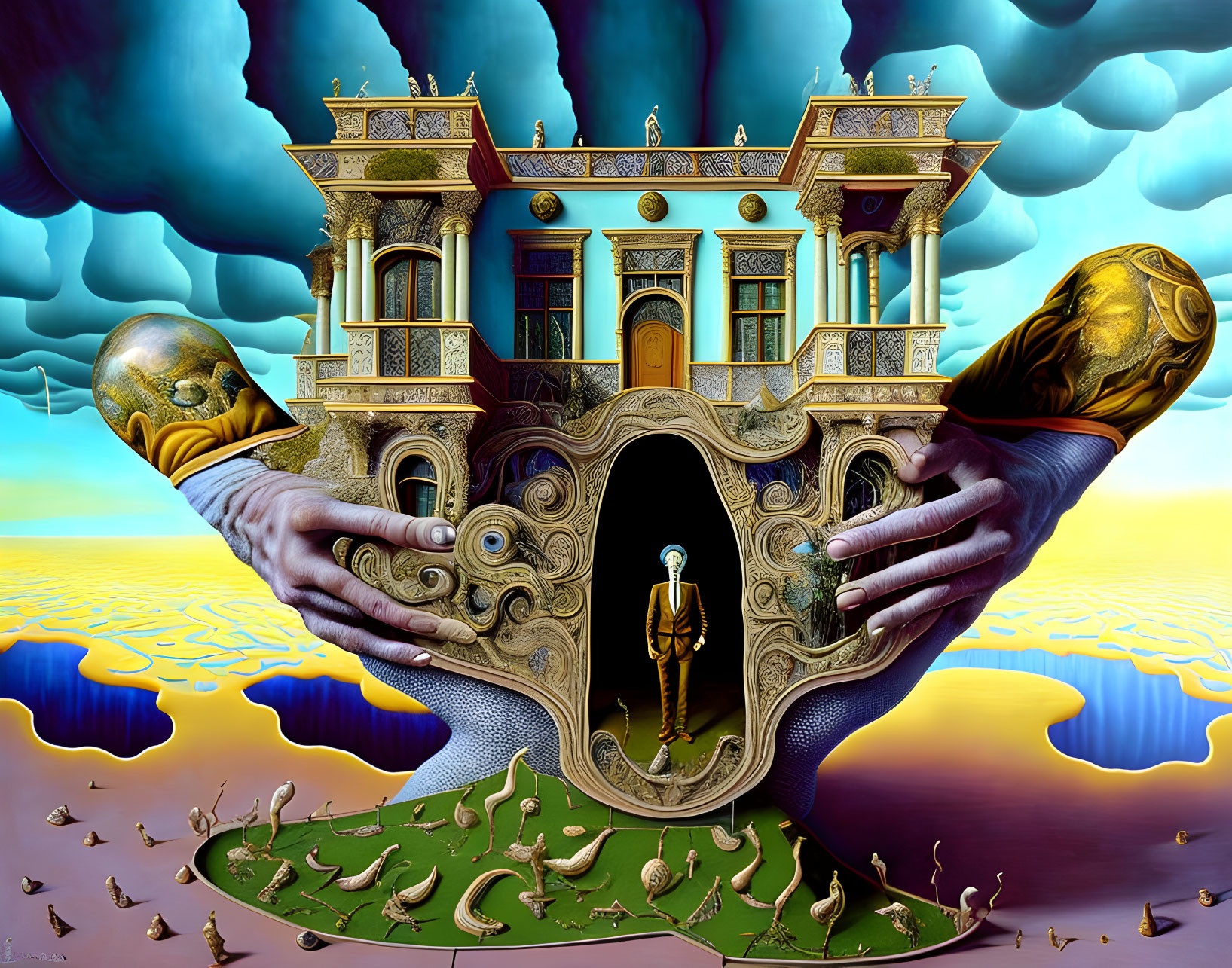 Surrealist artwork: classical building, hands, figure, chess pieces, clouds, water.