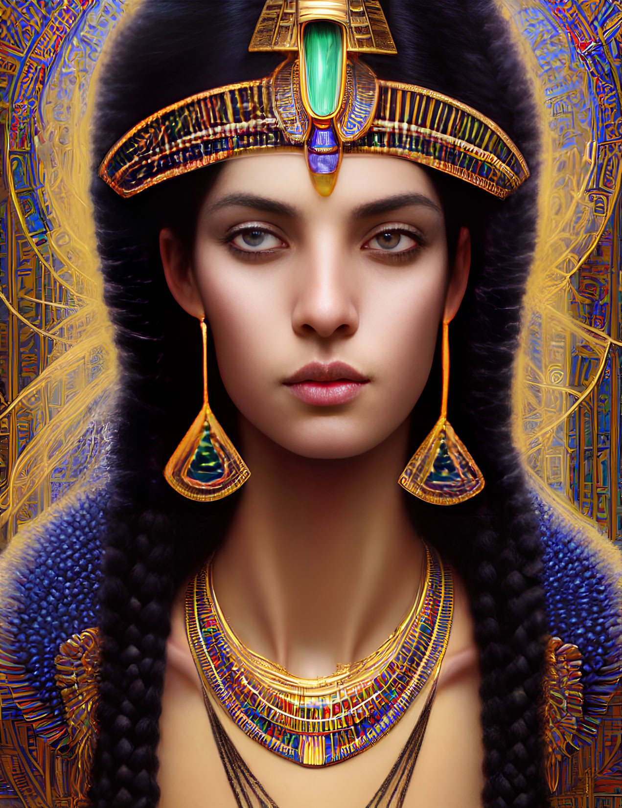 Egyptian queen with headdress, earrings, and necklace on hieroglyphic backdrop