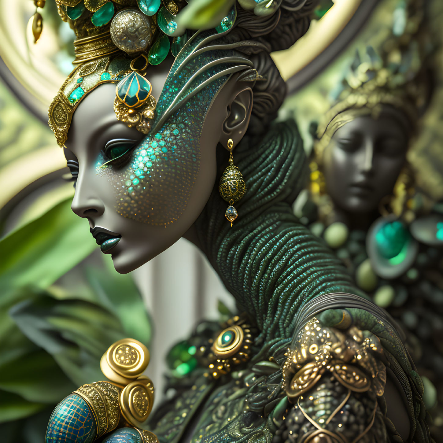 Detailed 3D rendering of regal figures with gold headdresses and green outfits