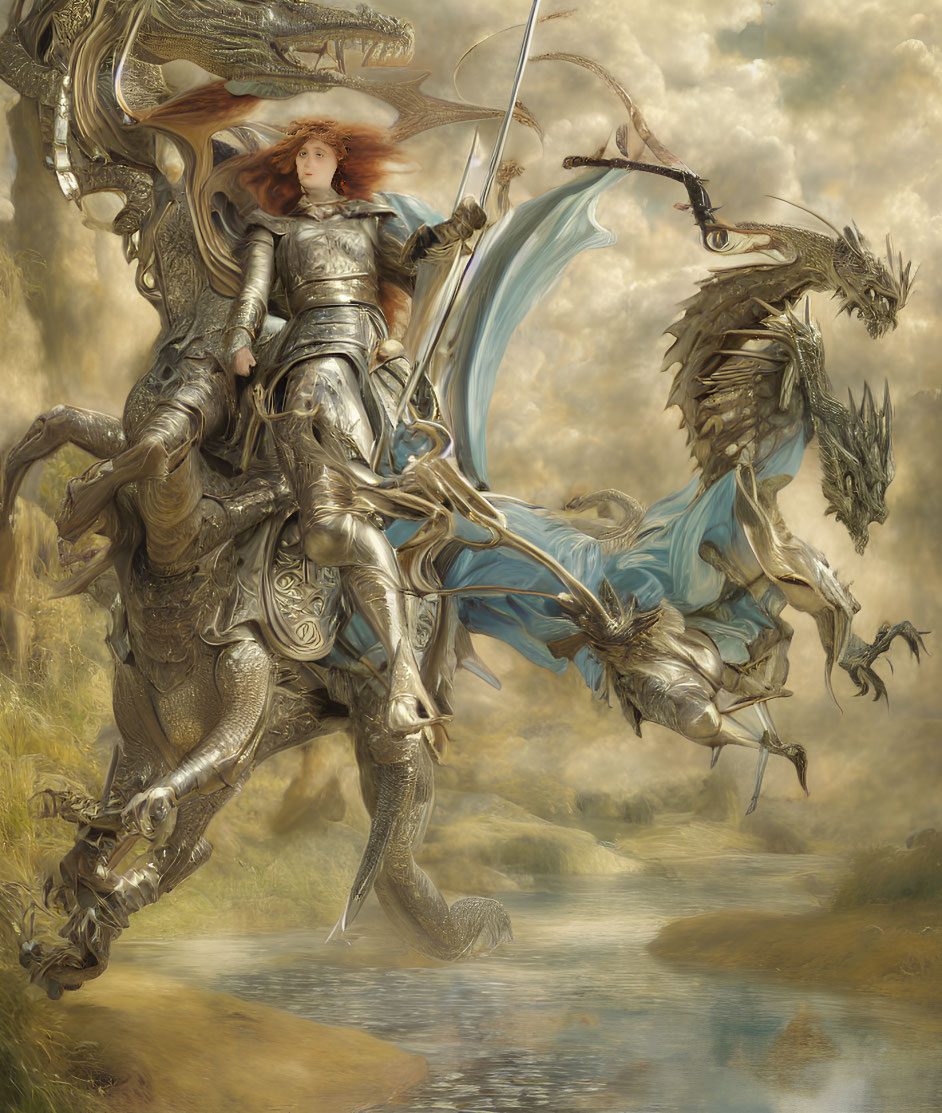 Female warrior in ornate armor battles hydra on metallic steed in mystical forest