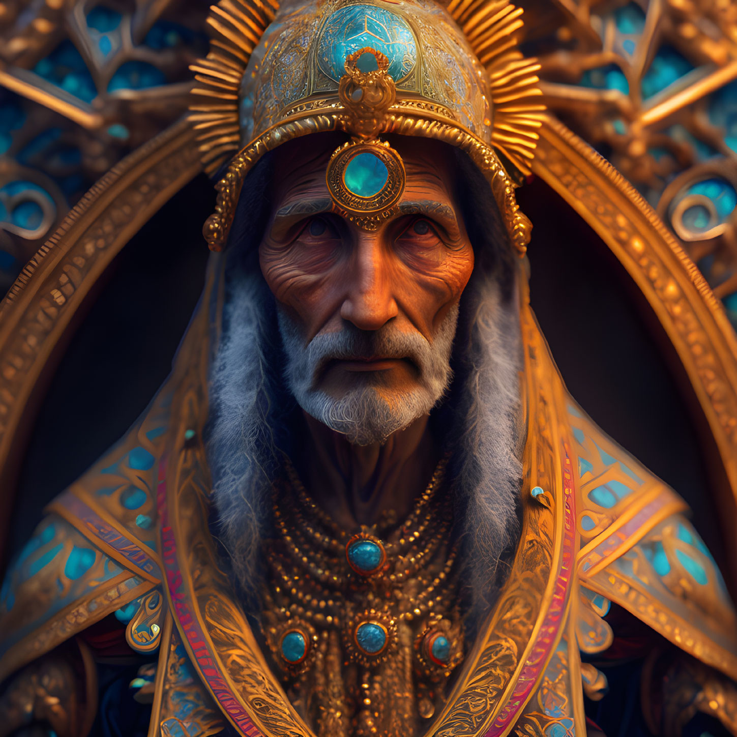 Elderly Man in Golden Jeweled Headdress on Intricate Background