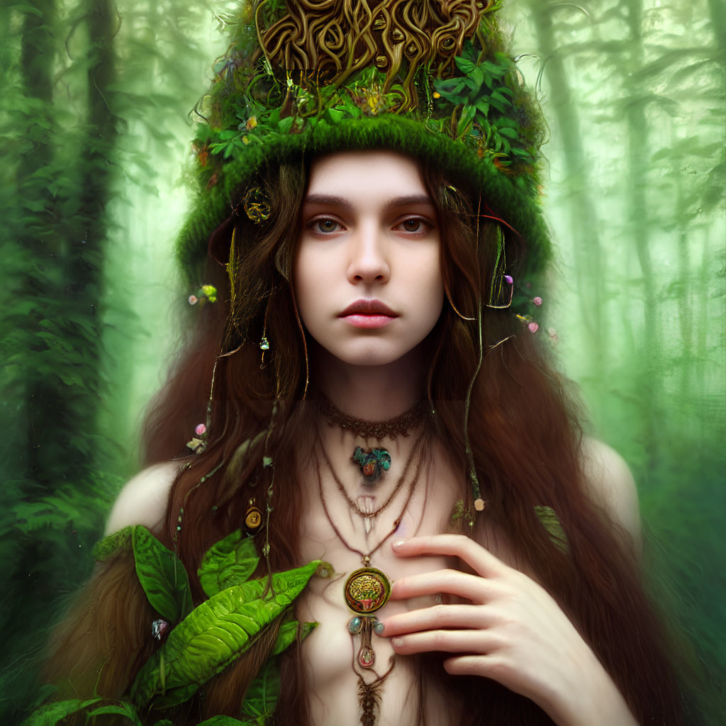 Mystical woman in nature-themed attire among misty woods