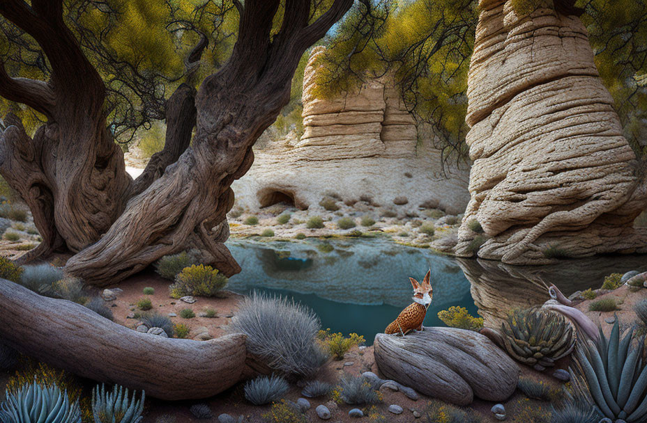 Tranquil desert oasis with twisted trees, rock formations, clear pond, and fox