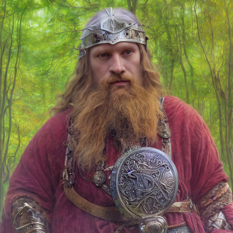 Portrait of a Viking man with long beard, helmet, shield in forest.