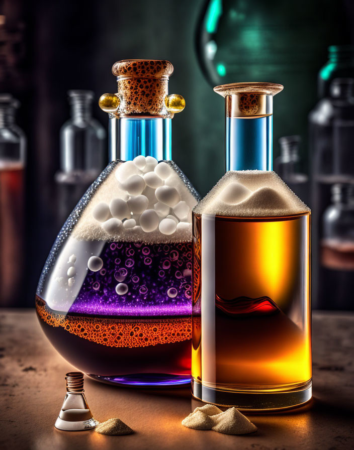 Laboratory flasks with whimsical purple and amber liquids among others