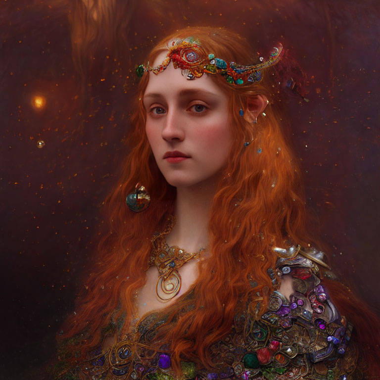 Portrait of woman with red hair and golden headpiece in cosmic setting