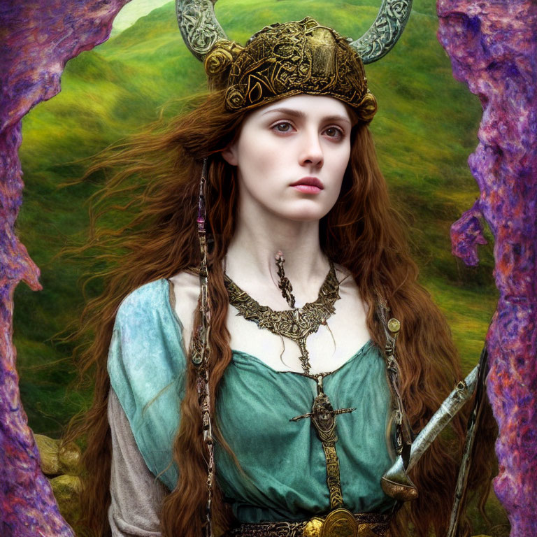 Viking-inspired woman in horned helmet and green dress in mystical landscape