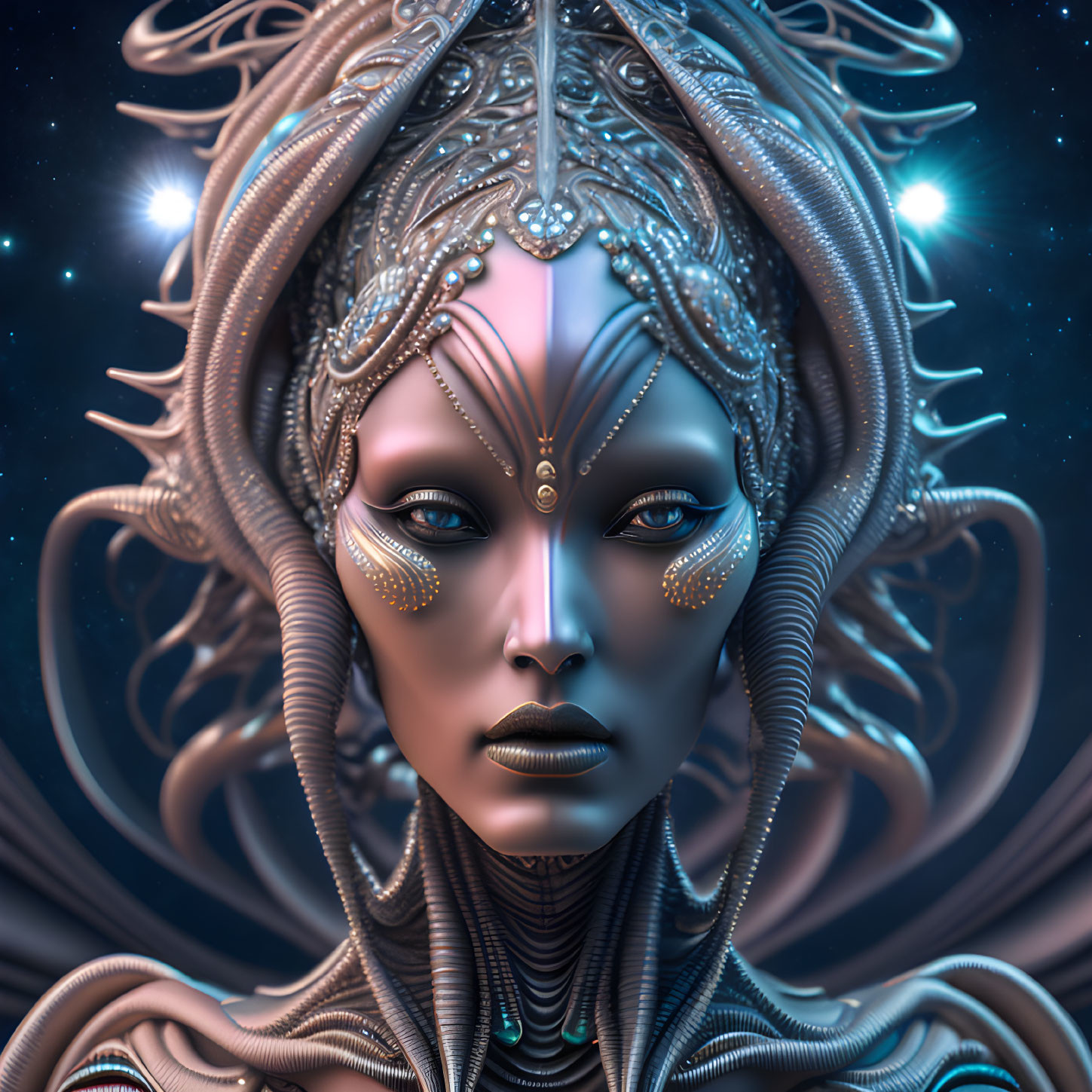 Digital Artwork: Otherworldly Female Figure with Silver Headpiece in Starry Setting