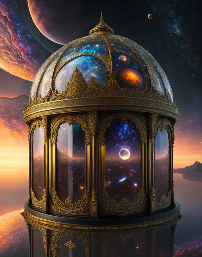 Golden observatory against cosmic backdrop with stars and nebulas