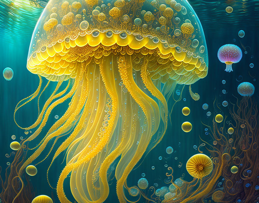 Vibrant golden jellyfish with intricate patterns in luminous underwater illustration