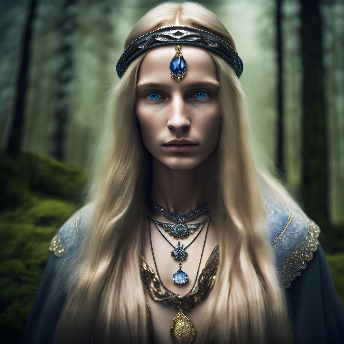 Blue-eyed person with long blond hair in mystical forest.