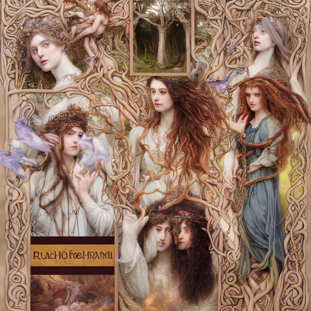 Intricate collage of Pre-Raphaelite women with Celtic knot designs