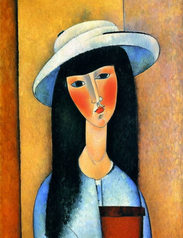 Stylized painting of woman with white hat, black hair, pale face, segmented by colors