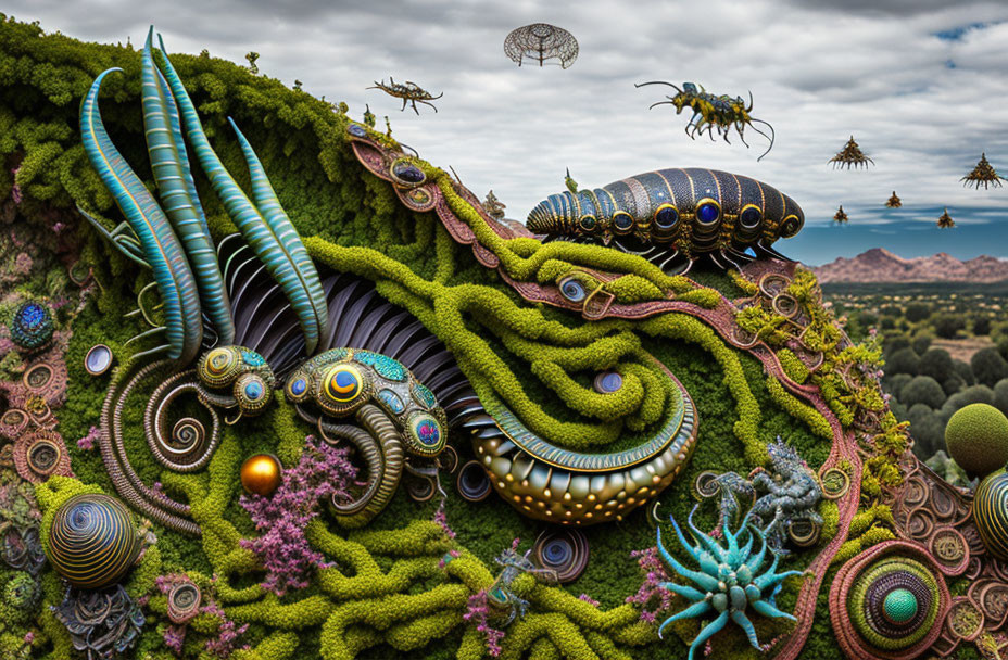 Colorful Digital Landscape with Surreal Insect Creatures