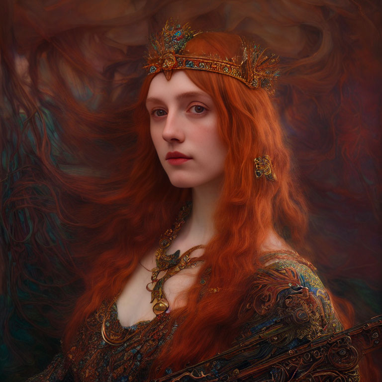 Medieval-inspired portrait of a serene woman with red hair and golden crown in autumnal setting