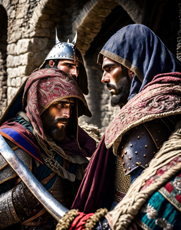 Medieval characters in masks and armor face off under stone arches