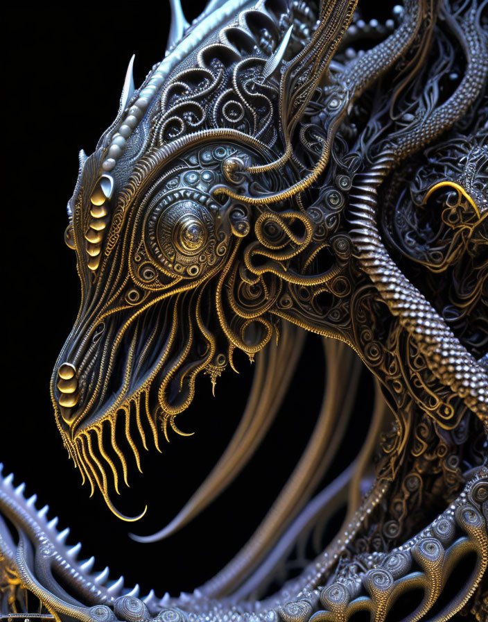 Detailed Metallic Dragon Head Artwork on Dark Background