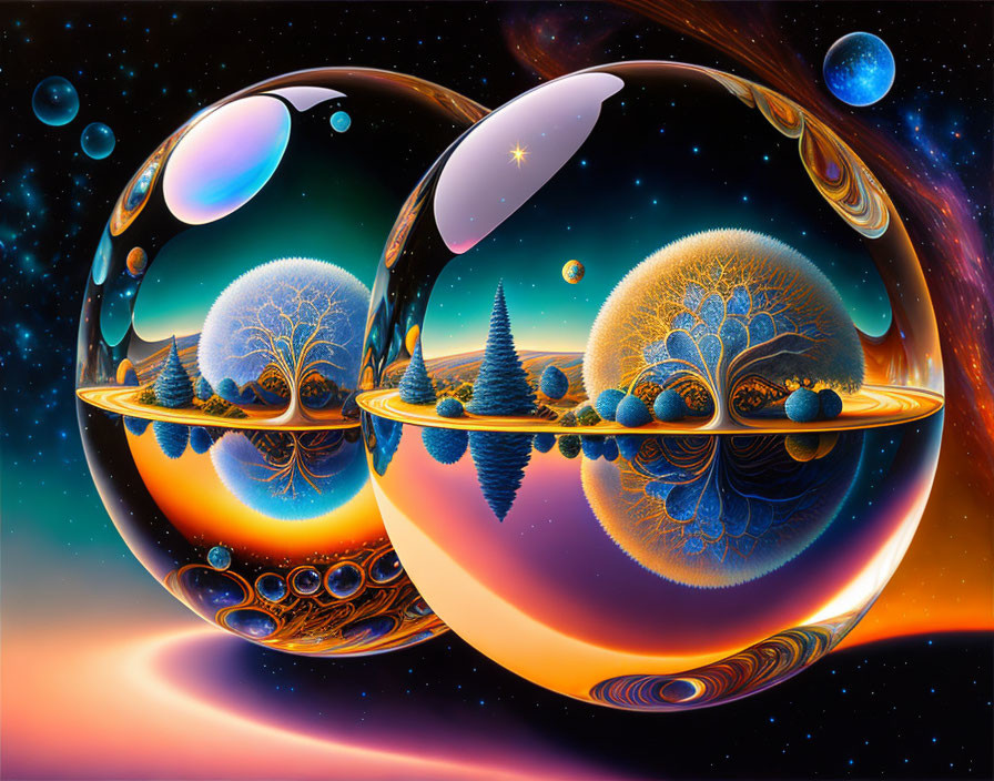 Translucent spheres with trees and celestial bodies in surreal artwork