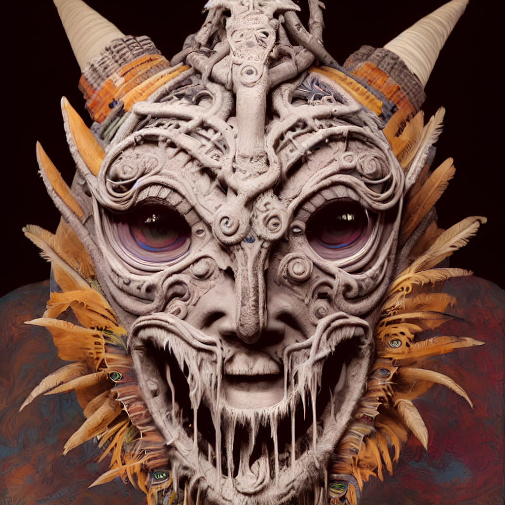 Ornate mask with horns, intricate carvings, and feathers depicting a fierce mythical or tribal