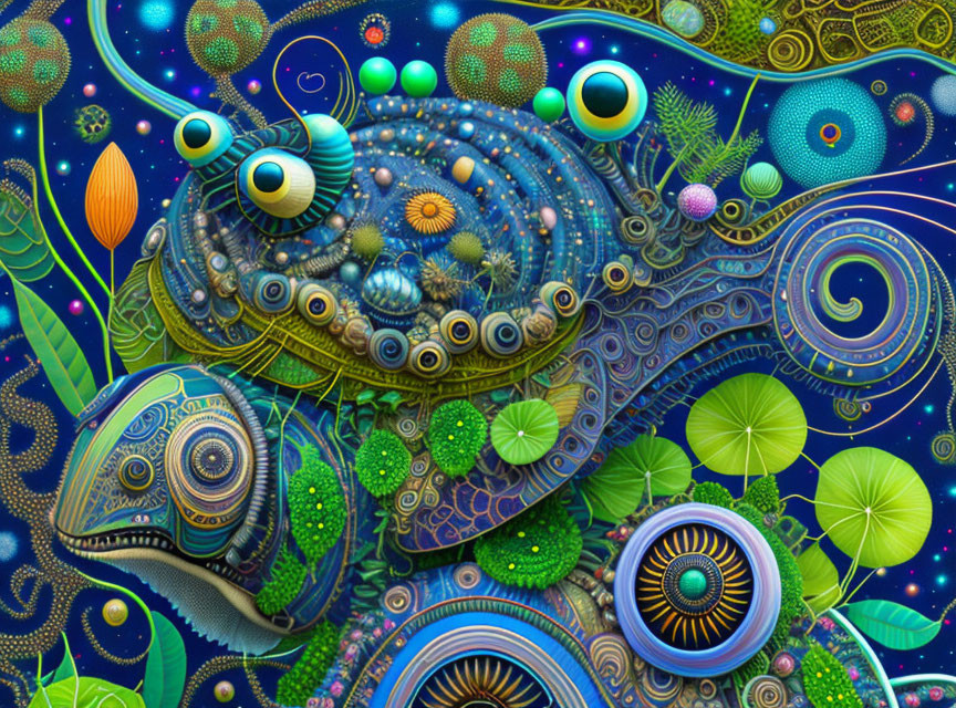 Colorful digital artwork featuring intricate patterns and alien-like flora and fauna