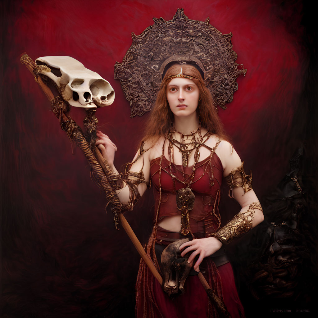 Elaborate fantasy garb woman with skull staff and ornate headpiece on red backdrop