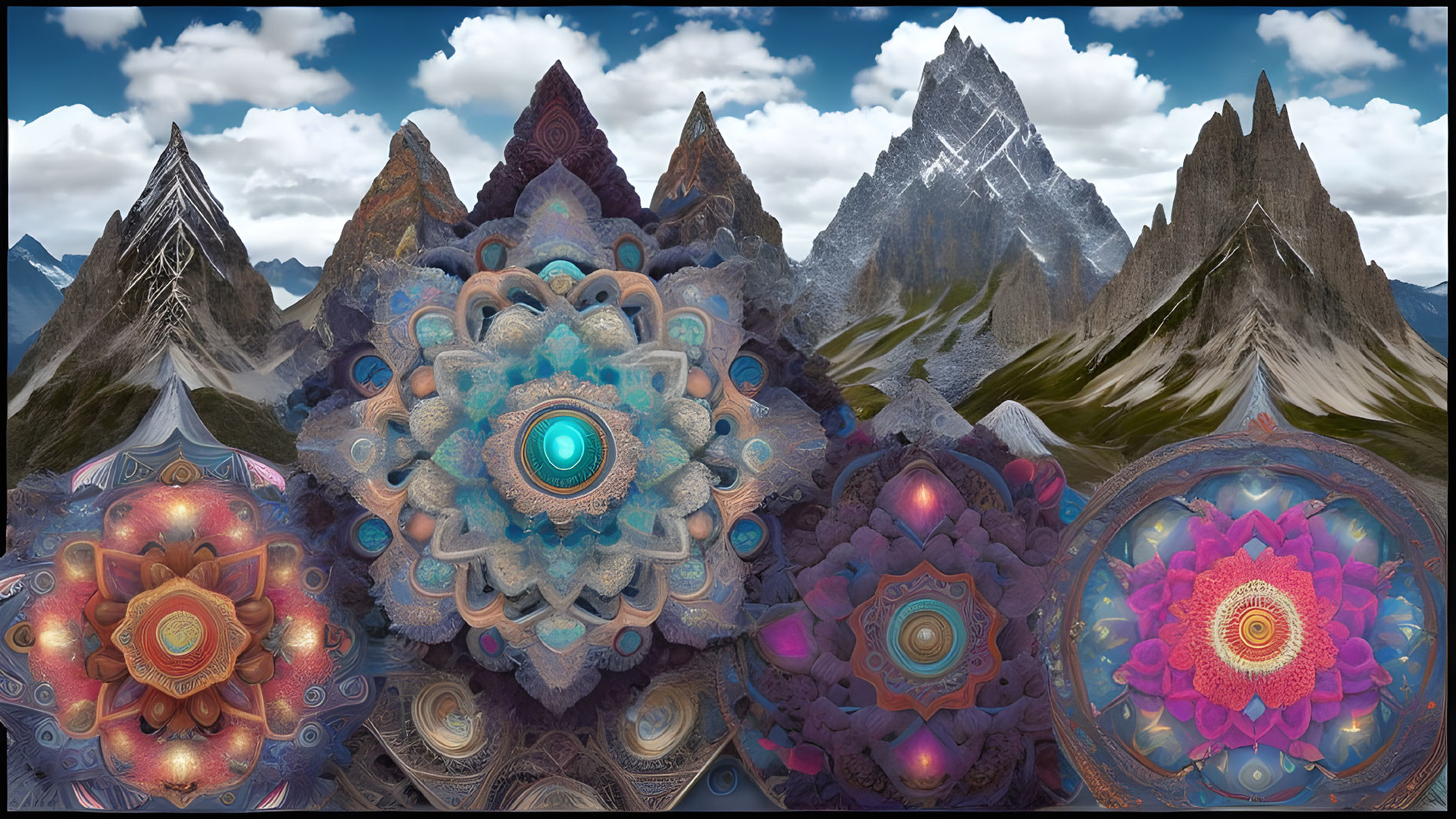 Intricate Mandalas Over Scenic Mountain Range