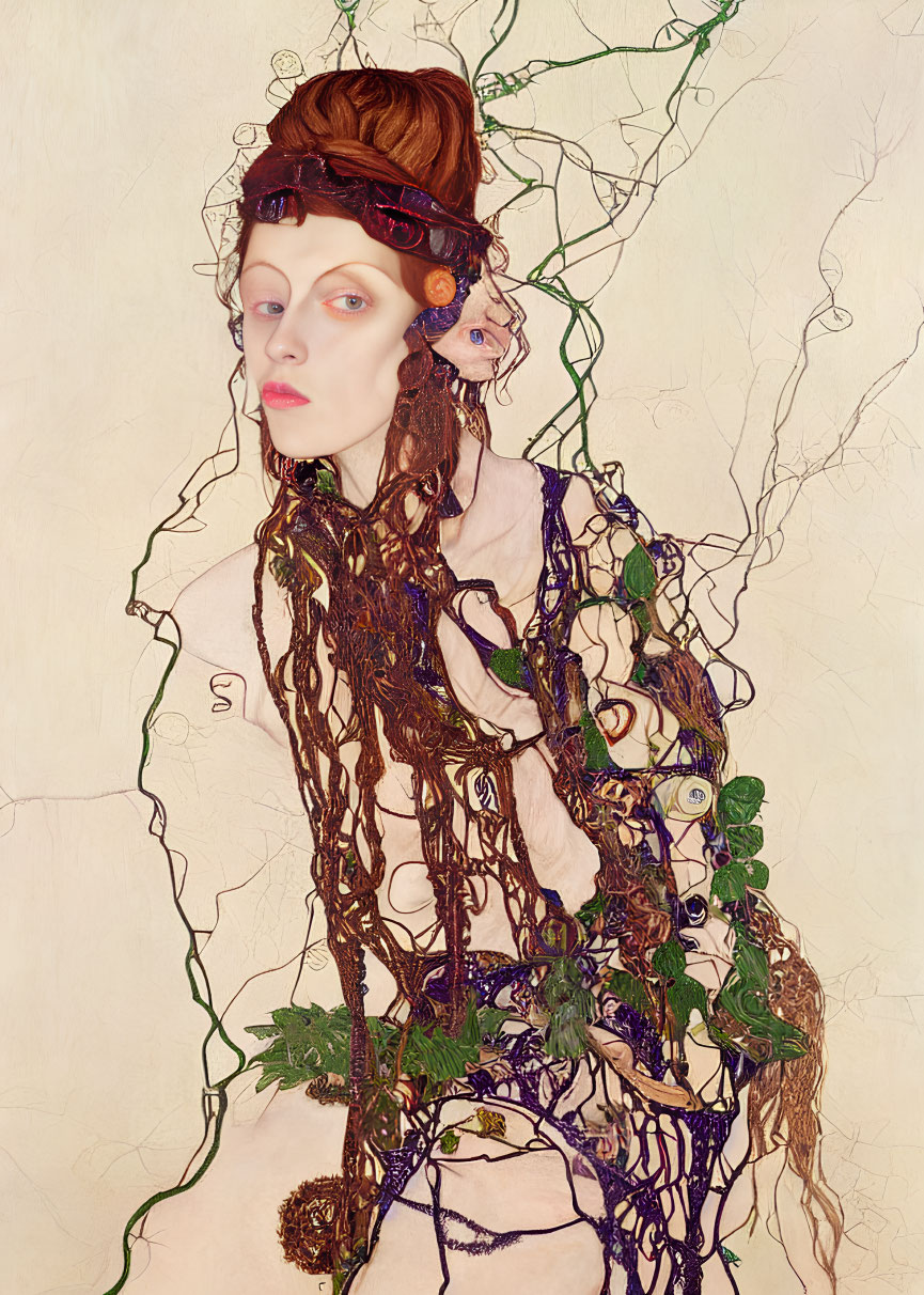 Woman intertwined with vine-like patterns in Art Nouveau style