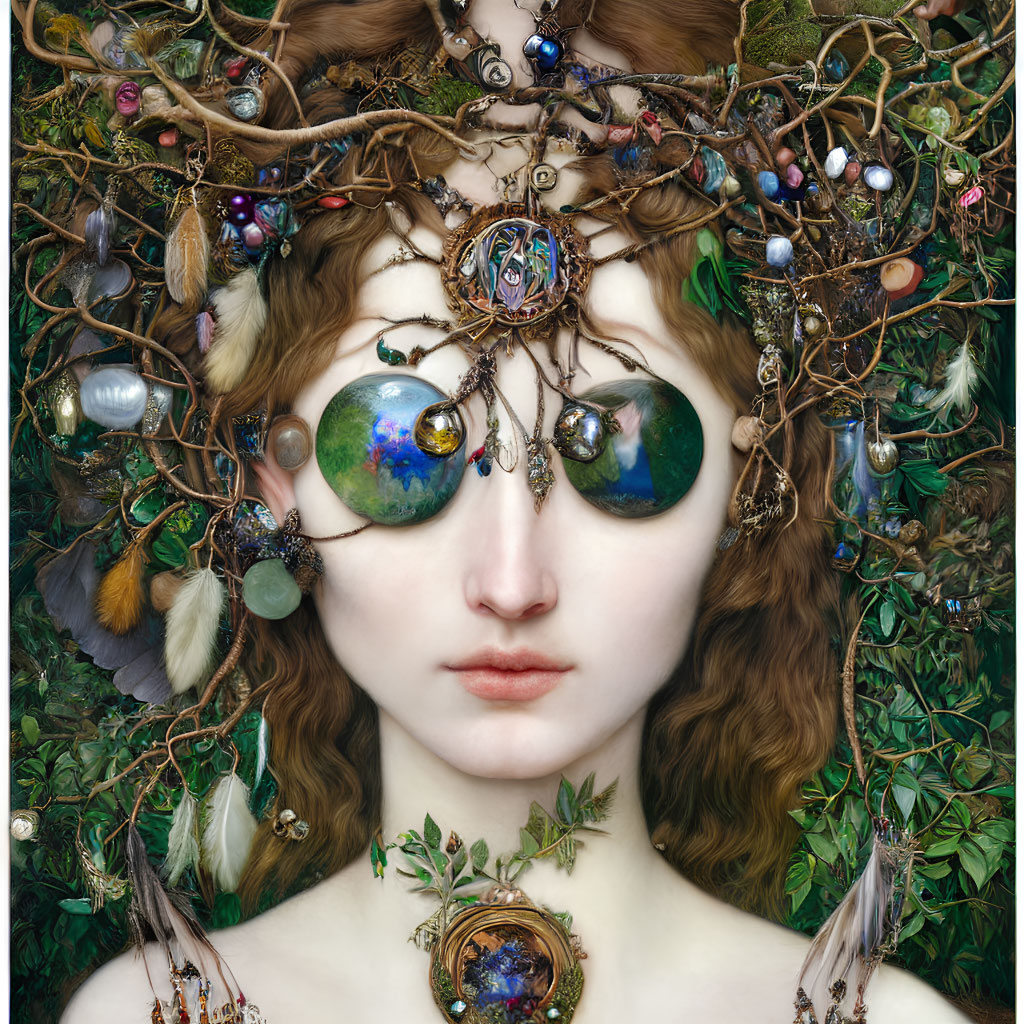 Surreal portrait of a woman with greenery, branches, birds, and cosmic eyes reflecting planets