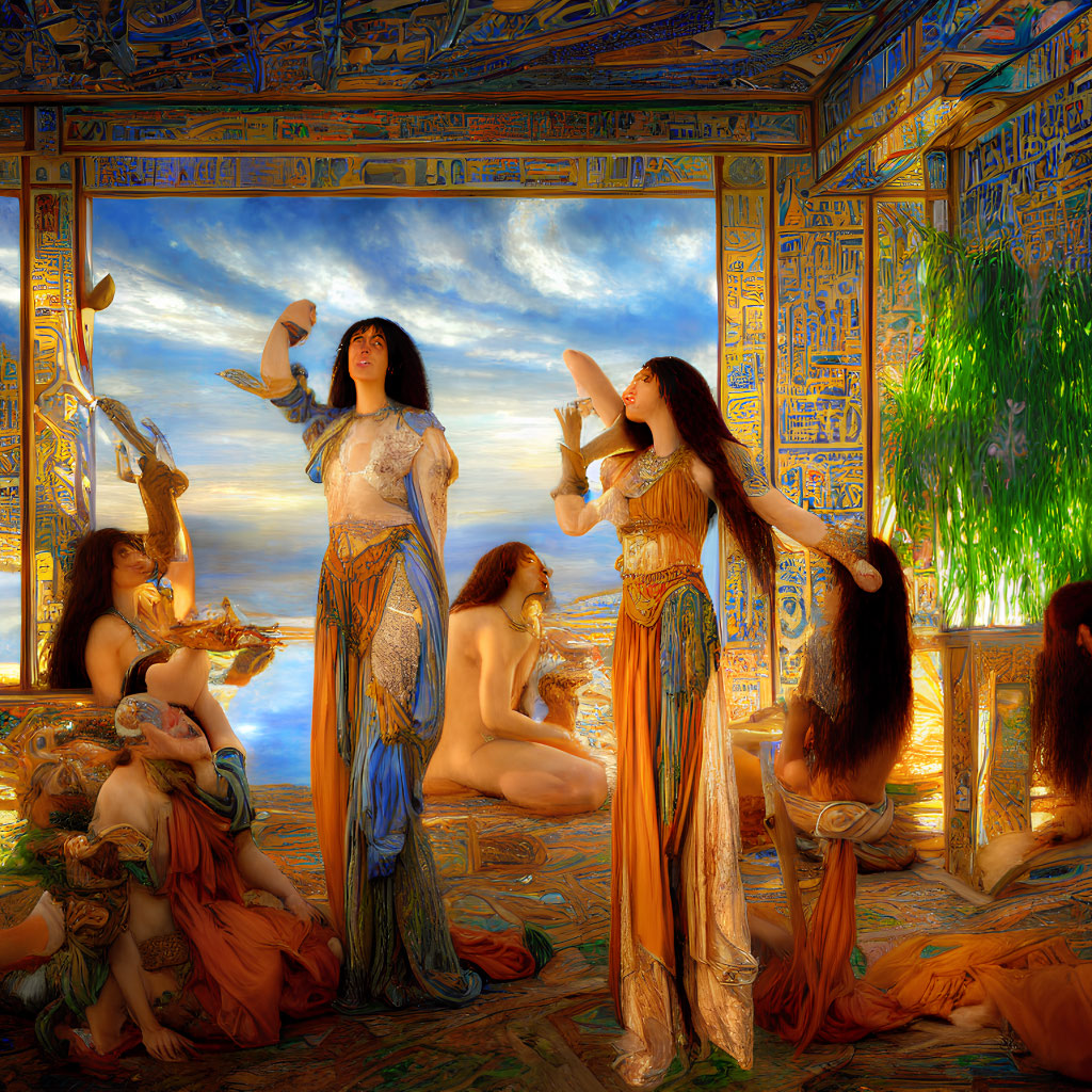 Colorful artwork of women in classical attire posing in a room with intricate patterns.