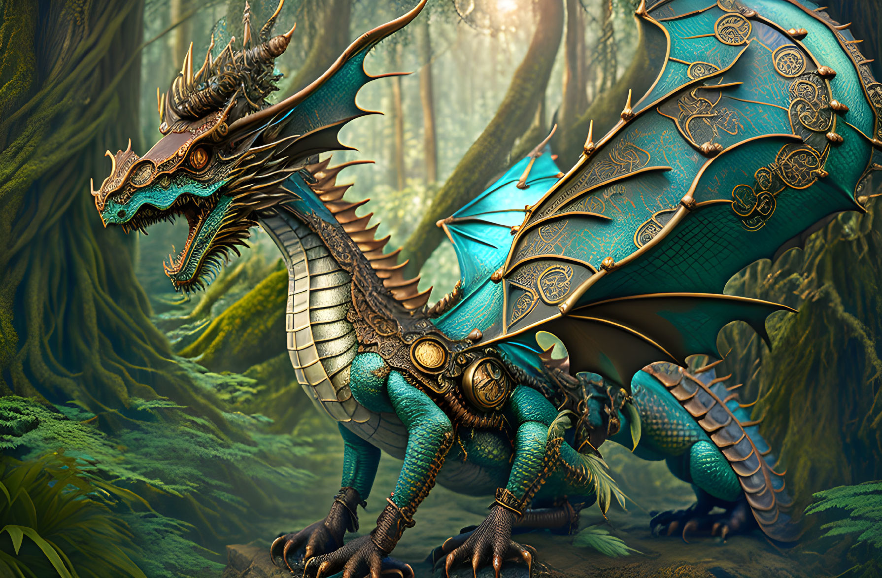 Ornate dragon with turquoise and gold scales in lush forest