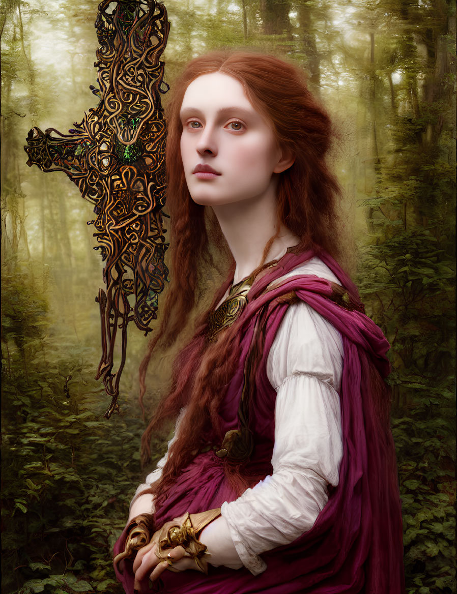 Striking red-haired woman in period attire holding ornate cross in misty forest