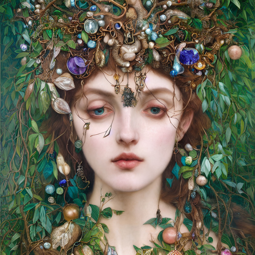 Ethereal woman portrait with leaf, gem, and metallic adornments