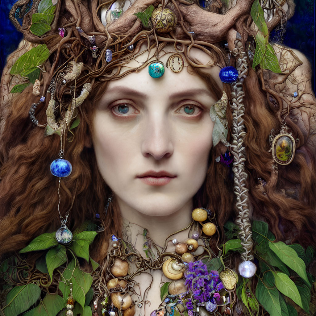 Woman with Branches and Leaves in Curly Hair: Mystical Forest Vibes