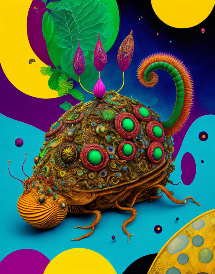 Vibrant surreal illustration of fantastical creature with spiral shell and tentacles