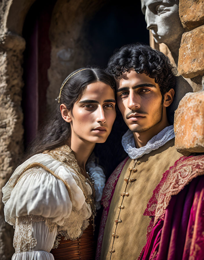 Man and woman in historical attire near stone sculpture in rustic setting