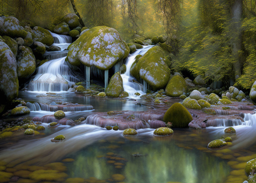 Tranquil forest scene with cascading waterfall