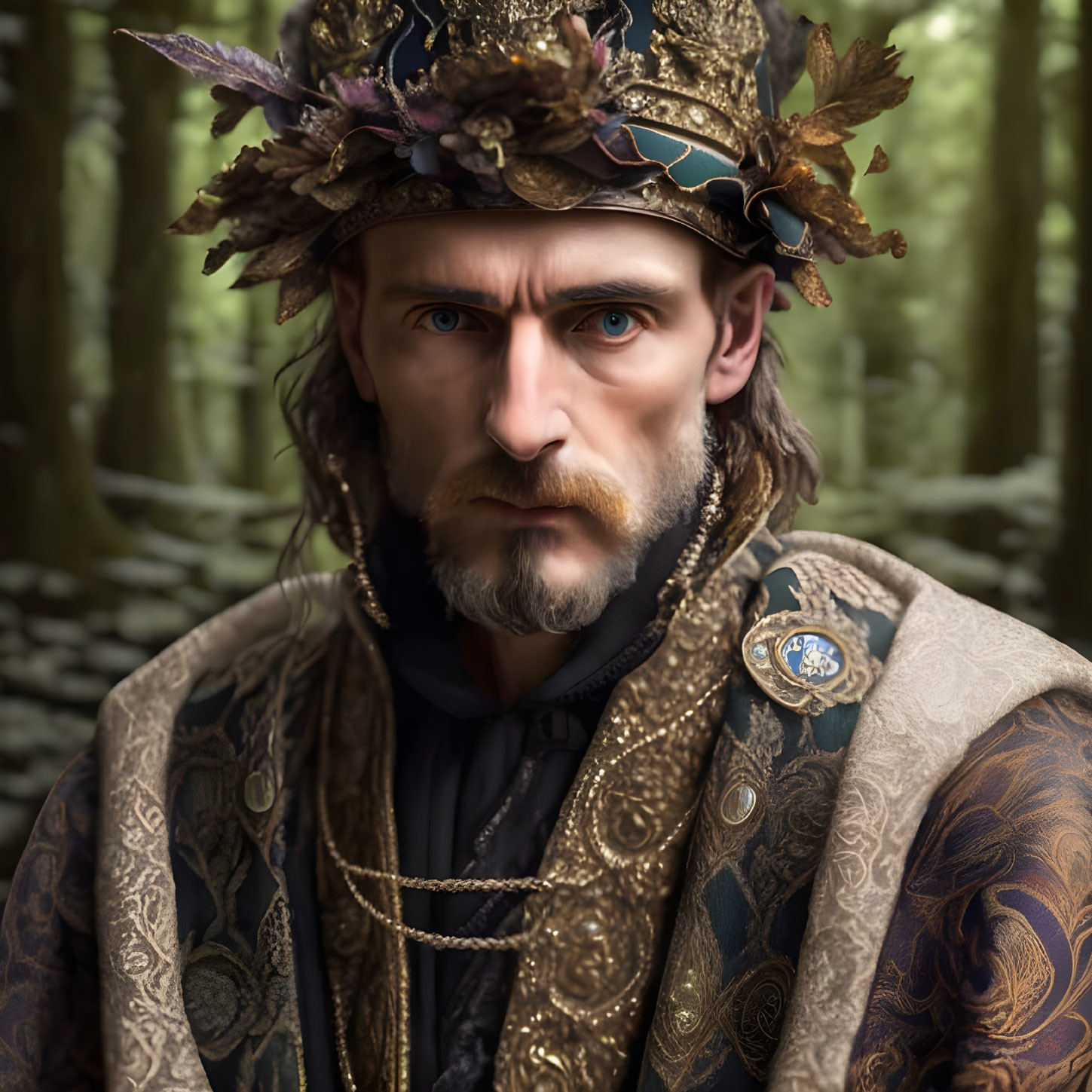 Royal man in elaborate attire with leaf-adorned crown poses in forest